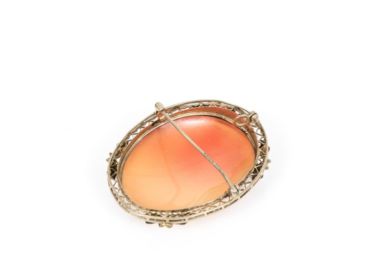 14k White Gold Lovely Filigree Framed Cameo Brooch/pendant