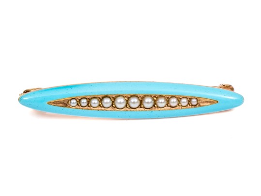 14k Yellow Gold Vintage Elongated Oval Turquoise Toned Enamel And Seed Pearl Scatter Pin