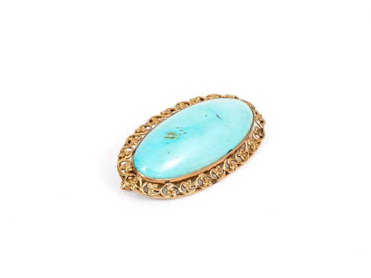 14k Yellow Gold Elongated Oval Cabachon Ornate Bordered Turquoise Brooch