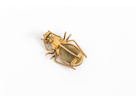 14k Yellow Gold Wonderful Cabachon Cats Eye Set Figural Spider Motif Brooch