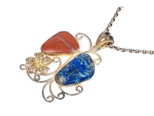 Sterling Silver Chunky Curb Chain With An Impactul Lapis And Jasper Pendant