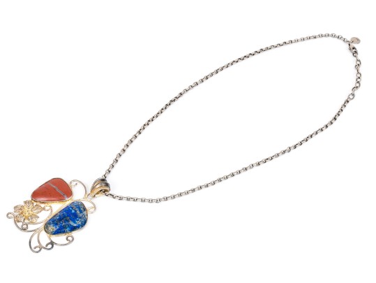 Sterling Silver Chunky Curb Chain With An Impactul Lapis And Jasper Pendant