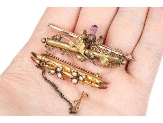 9k Yellow Gold Lot Of Vintage And Antique Bar Pins