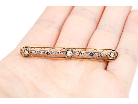 14k Gold Vintage Lovely Blue Sapphire And Diamond Lattice Bar Pin