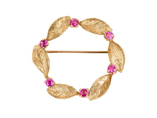 14k Yellow Gold Retro Ruby And Foliate Set Circle Pin, App. 0.72 TCW