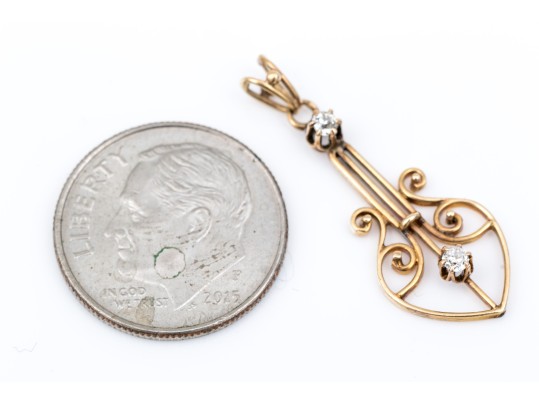 14k Yellow Gold Pretty Vintage Lavaliere Pendant, Diamond Set, App. 0.04 TCW