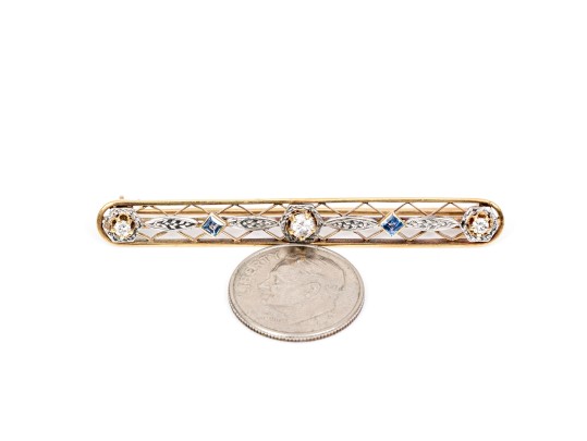 14k Gold Vintage Lovely Blue Sapphire And Diamond Lattice Bar Pin