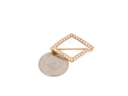 14k Yellow Gold Antique Open Lozenge Shape Seed Pearl Set Pin