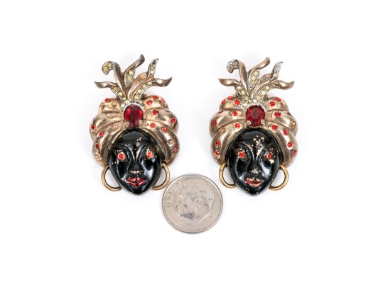 Sterling Silver And Rose Vermeil Vintage Pair Of Rhinestone And Enamel Blackamoor Brooches