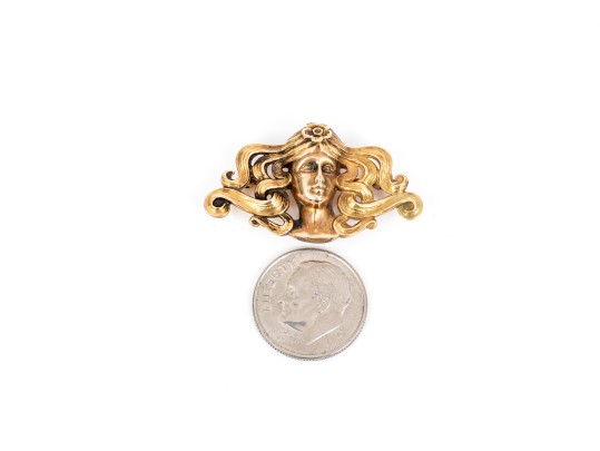 14k Yellow Gold Beautiful Classic Art Nouveau Figural Brooch, With Watch Hook