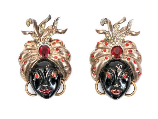 Sterling Silver And Rose Vermeil Vintage Pair Of Rhinestone And Enamel Blackamoor Brooches