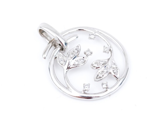 10k White Gold Pretty White Sapphire And Diamond Set Foliate Pendant