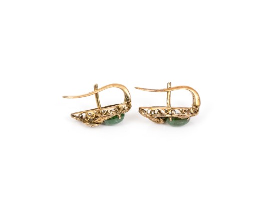 14k Yellow Gold Vintage Oval Nephrite Jade Cabachon Earrings
