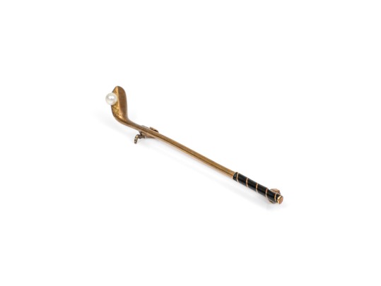 14k Yellow Gold Fun Black Enamel And Seed Pearl Gold Club Motif Pin