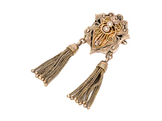 Gold Filled Antique Fringed Mourners Brooch With Black Enamel And Seed Pearls