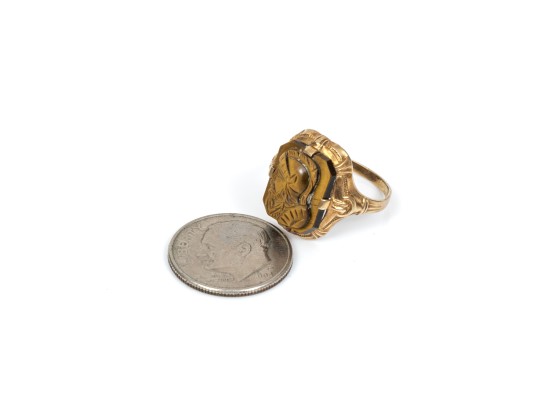 10k Yellow Gold Ornate Vintage Silhouette Tigers Eye Cameo Ring, Size 5