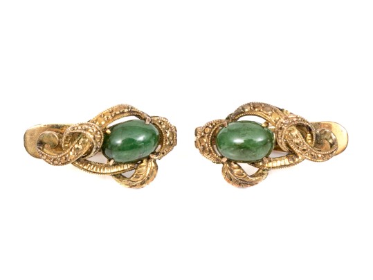 14k Yellow Gold Vintage Oval Nephrite Jade Cabachon Earrings