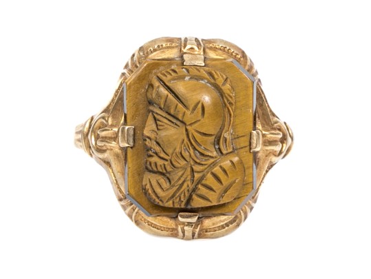 10k Yellow Gold Ornate Vintage Silhouette Tigers Eye Cameo Ring, Size 5
