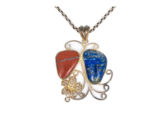 Sterling Silver Chunky Curb Chain With An Impactul Lapis And Jasper Pendant