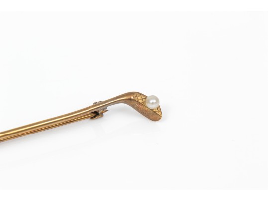 14k Yellow Gold Fun Black Enamel And Seed Pearl Gold Club Motif Pin