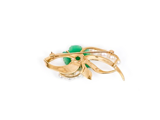 14k Yellow Gold Pretty Cultured Pearl And Green Chalcedony Leaf Motif Swirl Brooch