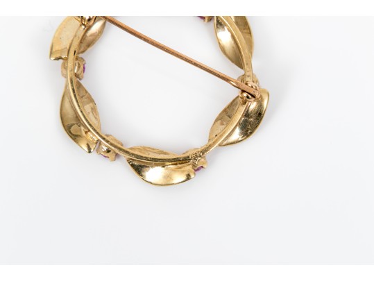 14k Yellow Gold Retro Ruby And Foliate Set Circle Pin, App. 0.72 TCW