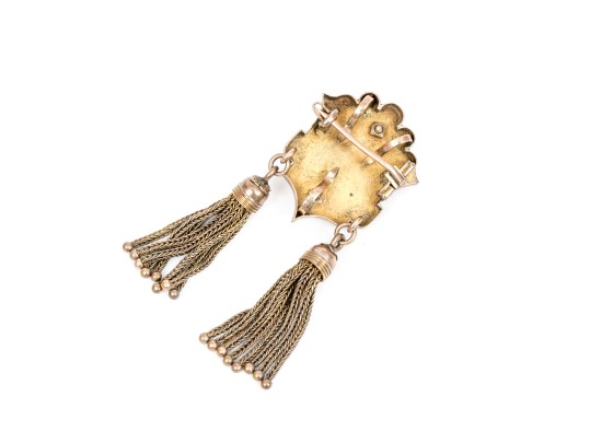 Gold Filled Antique Fringed Mourners Brooch With Black Enamel And Seed Pearls