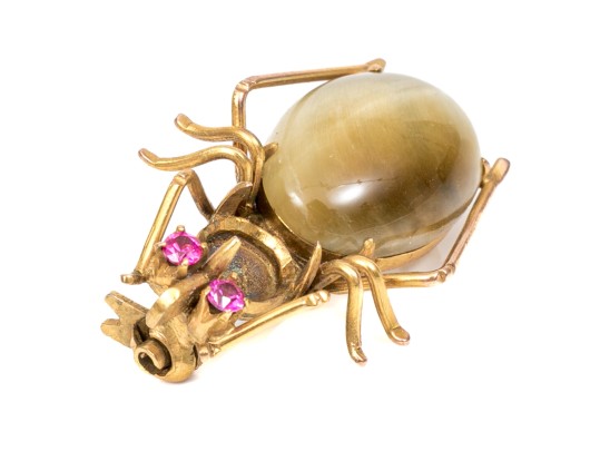 14k Yellow Gold Wonderful Cabachon Cats Eye Set Figural Spider Motif Brooch