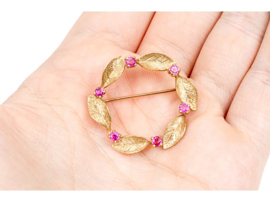 14k Yellow Gold Retro Ruby And Foliate Set Circle Pin, App. 0.72 TCW