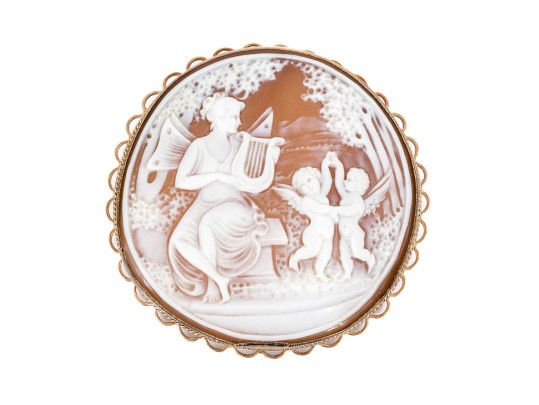 9k Yellow Gold Vintage Beautiful Large Round Psyche And Cupids Motif Brooch