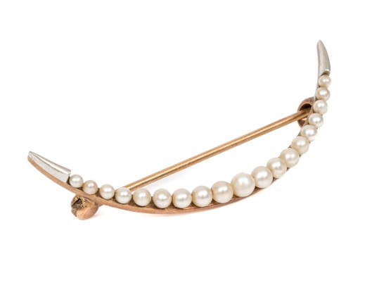 14k Yellow Gold Antique Half Moon Shape Seed Pearl Set Pin