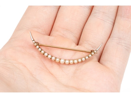 14k Yellow Gold Antique Half Moon Shape Seed Pearl Set Pin