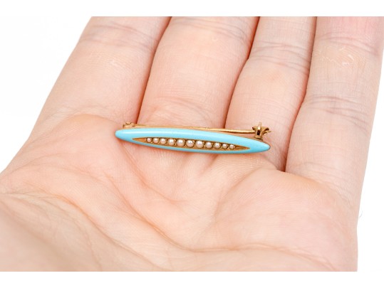 14k Yellow Gold Vintage Elongated Oval Turquoise Toned Enamel And Seed Pearl Scatter Pin