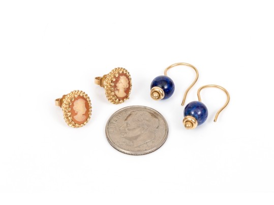 14k Yellow Gold Pair Of Sodalite Drop Earrings And Cameo Stud Earrings