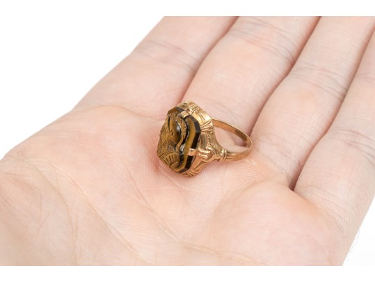 10k Yellow Gold Ornate Vintage Silhouette Tigers Eye Cameo Ring, Size 5