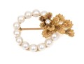 14k Yellow Gold Beautiful 3.75mm Cultured Pearl Circle Pin, Floral And Diamond Set