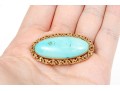 14k Yellow Gold Elongated Oval Cabachon Ornate Bordered Turquoise Brooch