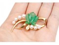14k Yellow Gold Pretty Cultured Pearl And Green Chalcedony Leaf Motif Swirl Brooch