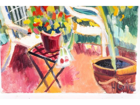 Hannah Cole Buie (American, B. 1955) Patio Scene Oil On Board Painting