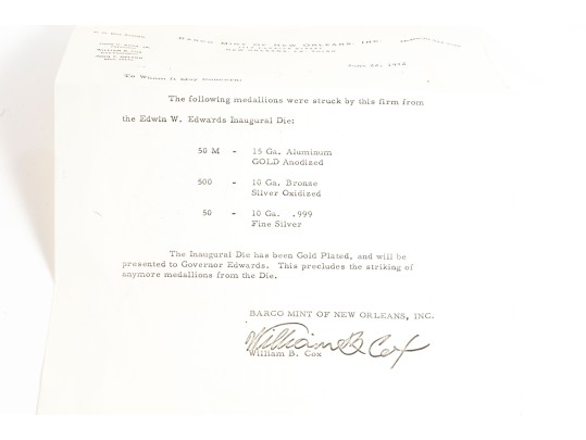 Louisiana Barco Mint Edwin Edwards Ten Gauge .999 Fine Silver Medallion W/ Certificate