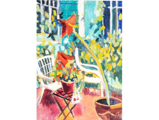Hannah Cole Buie (American, B. 1955) Patio Scene Oil On Board Painting