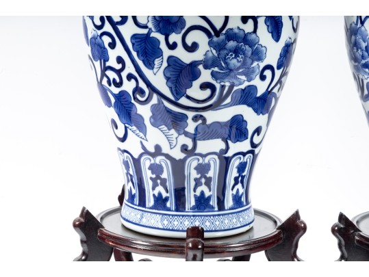 Pair Of Decorative Blue/White Porcelain Mei Ping Form Jars