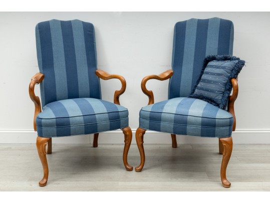 Pair Of Striped Navy Blue Gooseneck Armchairs