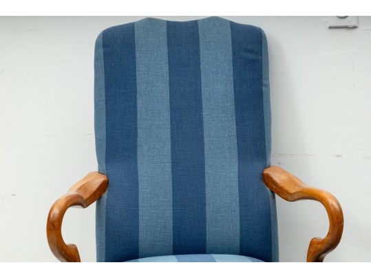 Pair Of Striped Navy Blue Gooseneck Armchairs