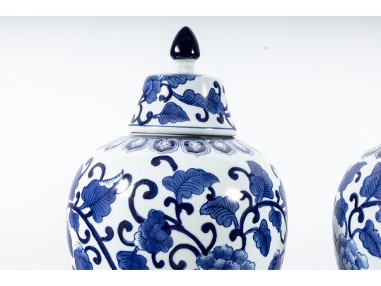 Pair Of Decorative Blue/White Porcelain Mei Ping Form Jars