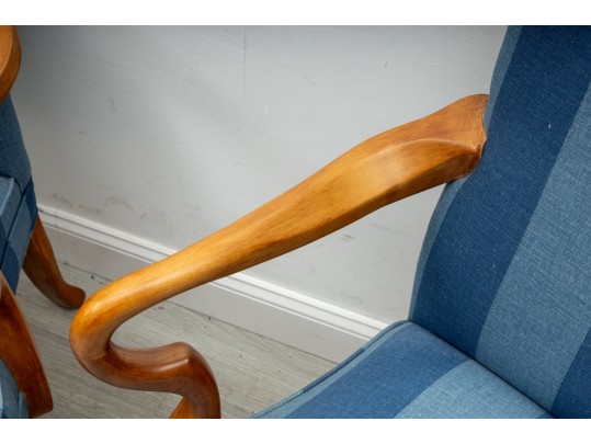 Pair Of Striped Navy Blue Gooseneck Armchairs