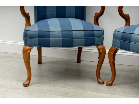 Pair Of Striped Navy Blue Gooseneck Armchairs
