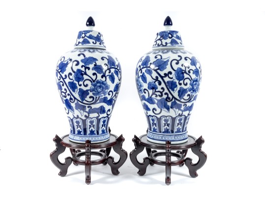 Pair Of Decorative Blue/White Porcelain Mei Ping Form Jars