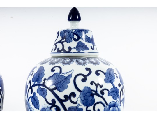 Pair Of Decorative Blue/White Porcelain Mei Ping Form Jars