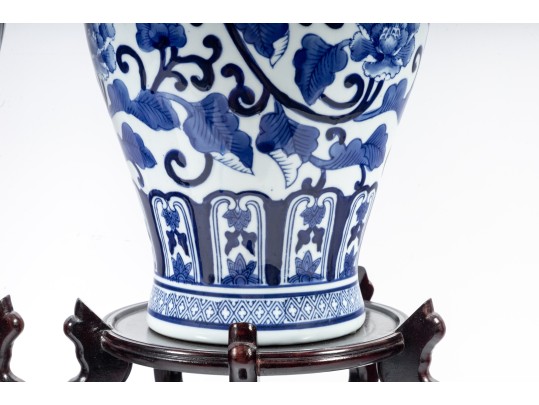 Pair Of Decorative Blue/White Porcelain Mei Ping Form Jars